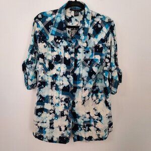 Ashley Stewart 100% Cotton Button Down Tabbed Sleeve Blue/White Shirt NWT